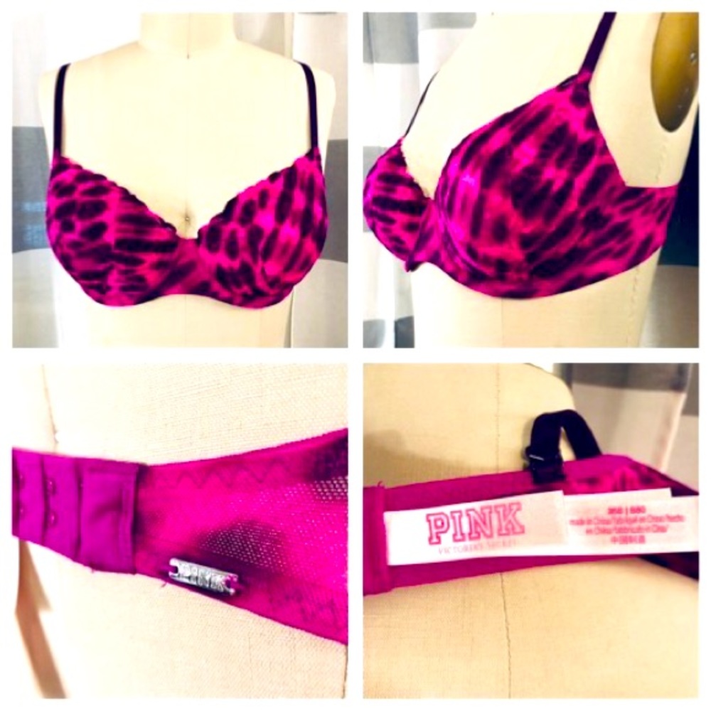 PINK Victoria’s Secret bra in pink print with lace trim 36B! New condition!!!!